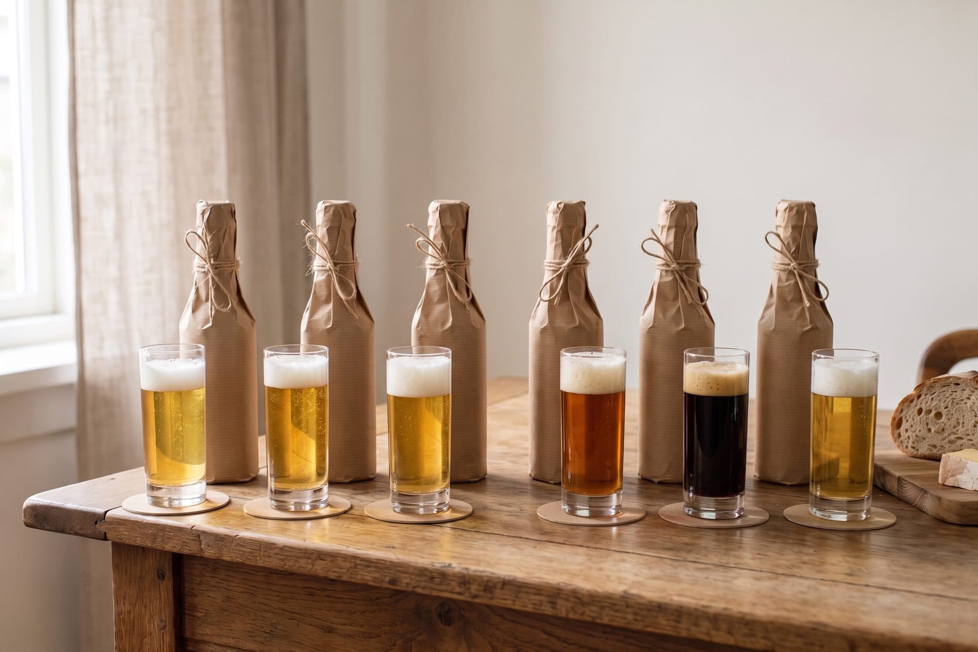 KI-generiertes Bild: Sechs in Packpapier gewickelte Flaschen stehen in einer Reihe auf einem Holztisch, davor sechs schlanke Biergläser auf Bierdeckeln mit hellem, bernsteinfarbenem und dunklem Bier.
