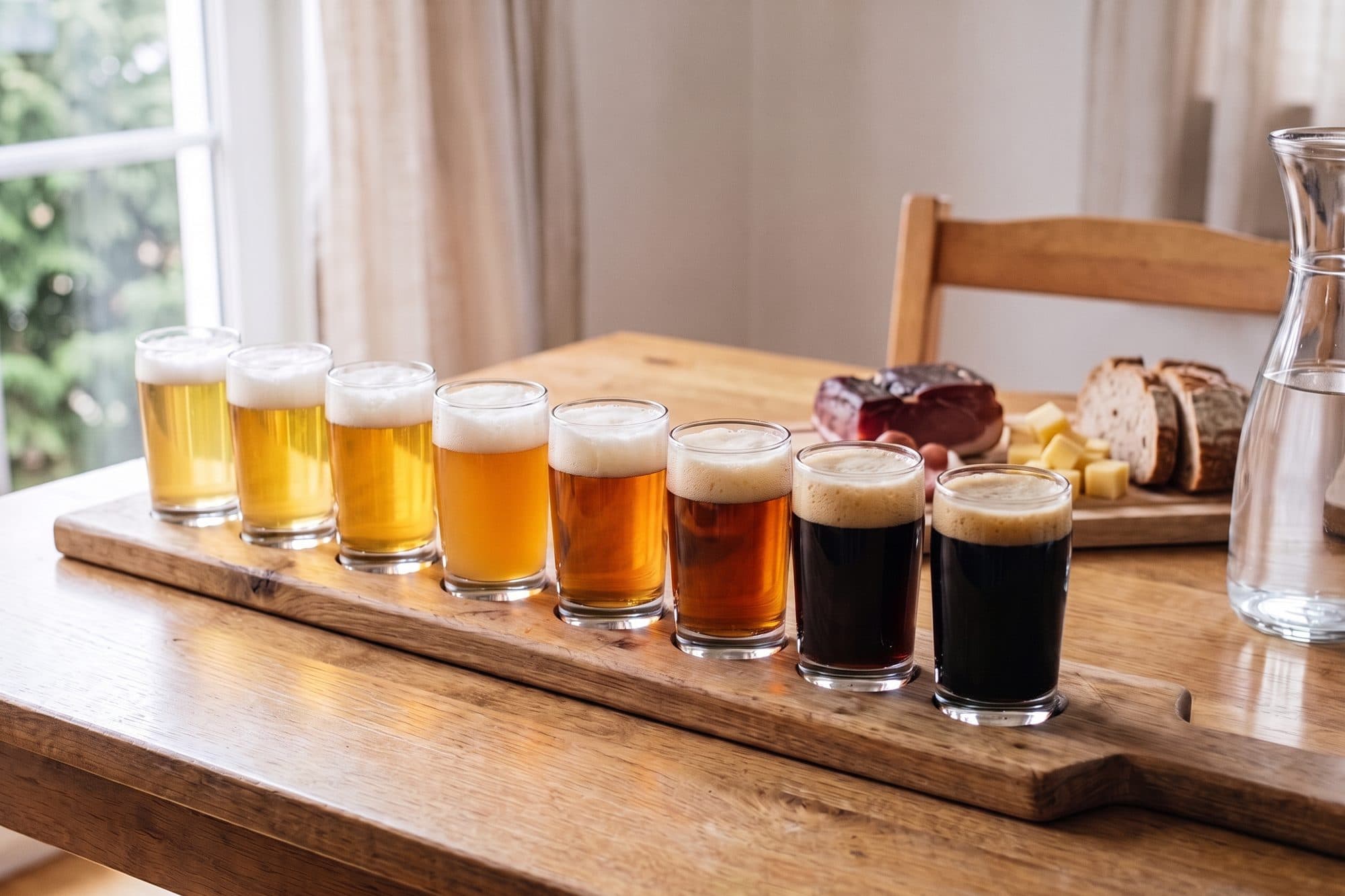 KI-generiertes Bild: Acht kleine Biergläser mit Bier von hellgelb bis fast schwarz stehen in einer Reihe auf einem Eichenbrett, dahinter ein Brett mit Schinken, Käse und Brot und eine Wasserkaraffe.