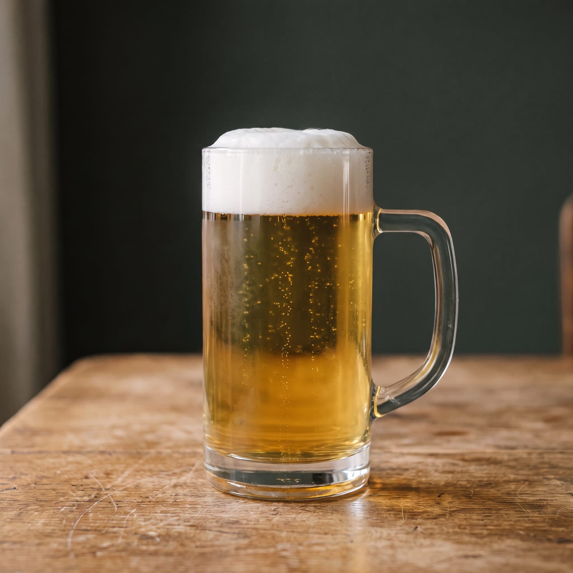 KI-generiertes Bild: Ein Glaskrug mit Henkel voll hellem Bier und hoher Schaumkrone steht auf einem Holztisch vor einer dunkelgrünen Wand.