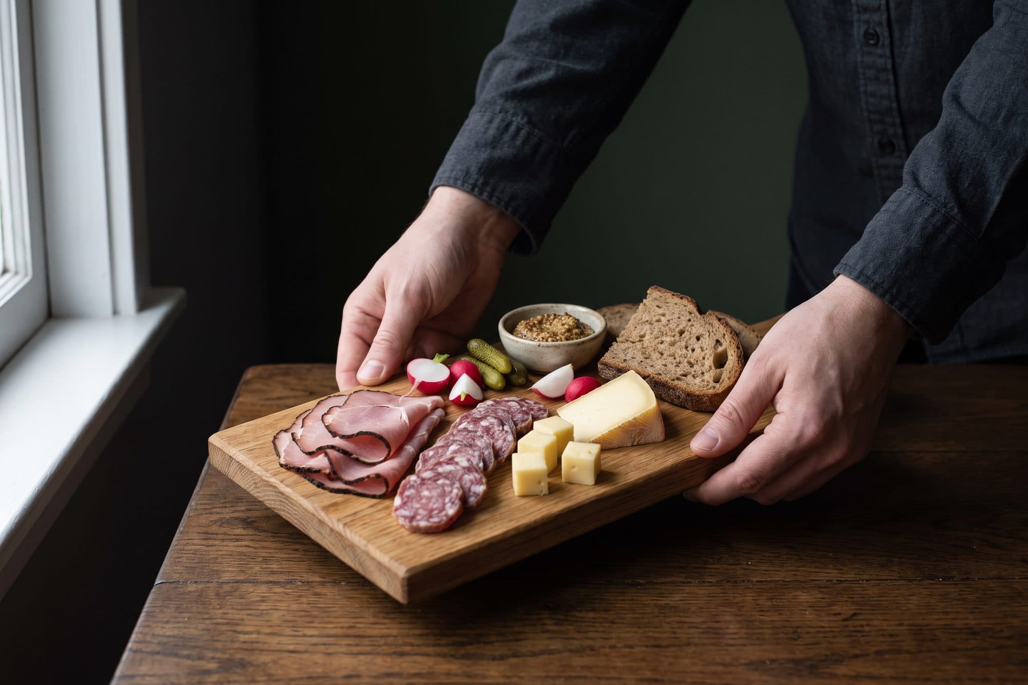 KI-generiertes Bild: Zwei Hände stellen ein Vesperbrett mit Schinken, Wurst, Käse, Bauernbrot, Radieschen und Senf auf einen dunklen Holztisch.